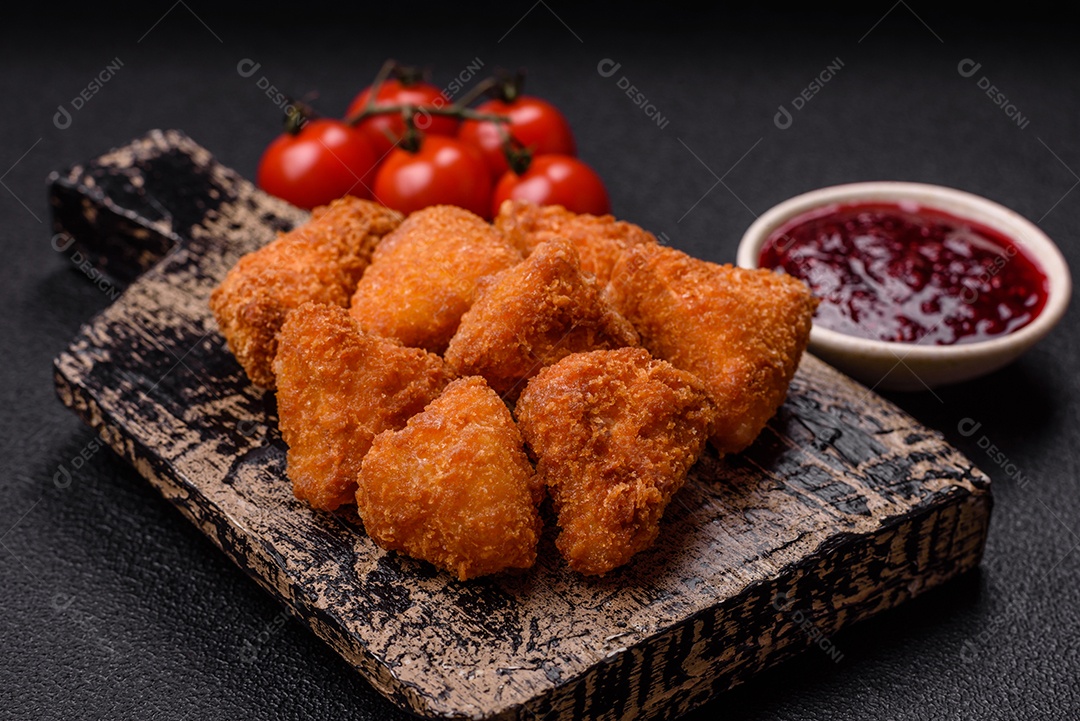 Imagem mostra nuggets de frango com molho e alguns grãos de pimenta rosa