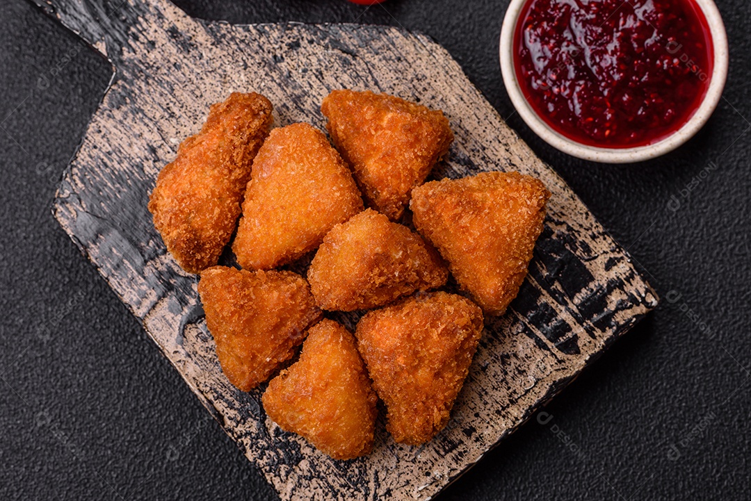 Imagem mostra nuggets de frango com molho e alguns grãos de pimenta rosa