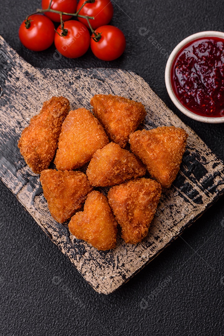 Imagem mostra nuggets de frango com molho e alguns grãos de pimenta rosa