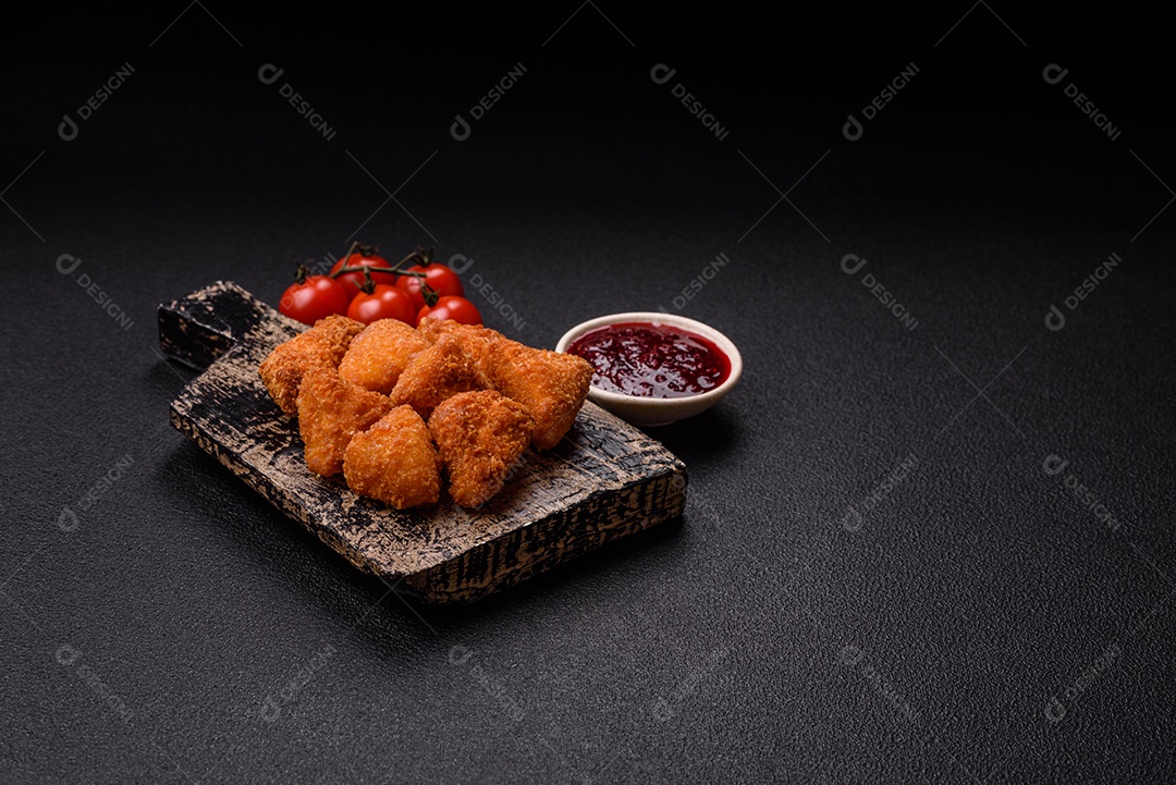 Imagem mostra nuggets de frango com molho e alguns grãos de pimenta rosa
