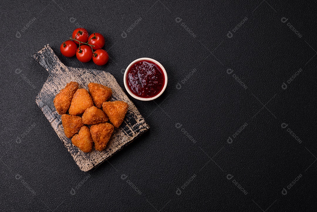 Imagem mostra nuggets de frango com molho e alguns grãos de pimenta rosa