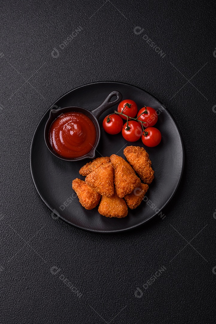 Imagem mostra nuggets de frango com molho e alguns grãos de pimenta rosa