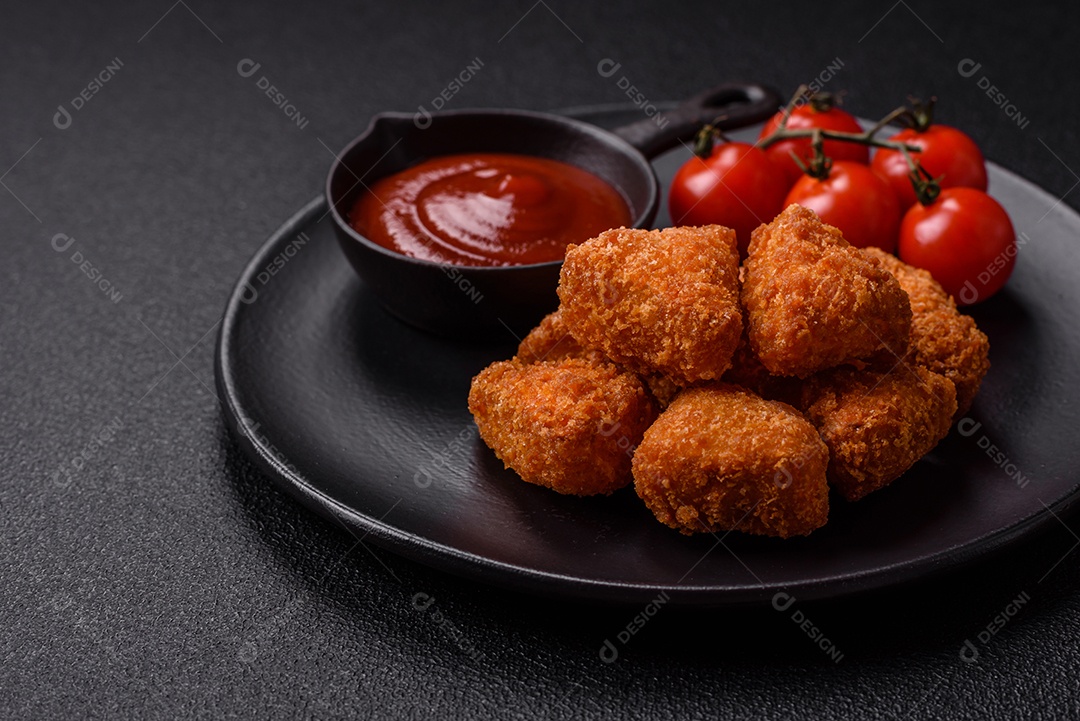 Imagem mostra nuggets de frango com molho e alguns grãos de pimenta rosa