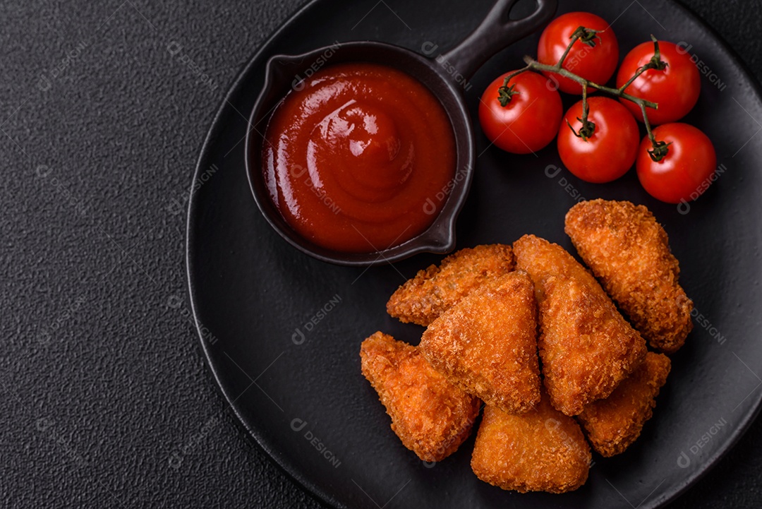 Imagem mostra nuggets de frango com molho e alguns grãos de pimenta rosa