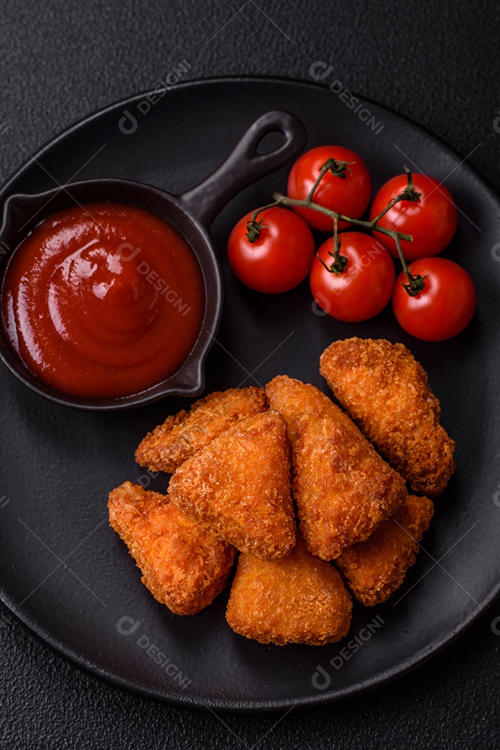 Imagem mostra nuggets de frango com molho e alguns grãos de pimenta rosa