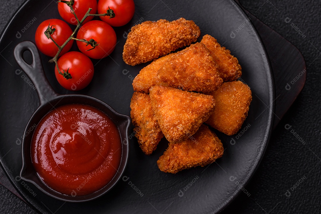 Imagem mostra nuggets de frango com molho e alguns grãos de pimenta rosa