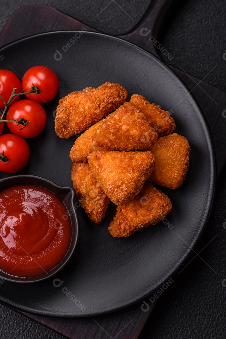 Imagem mostra nuggets de frango com molho e alguns grãos de pimenta rosa