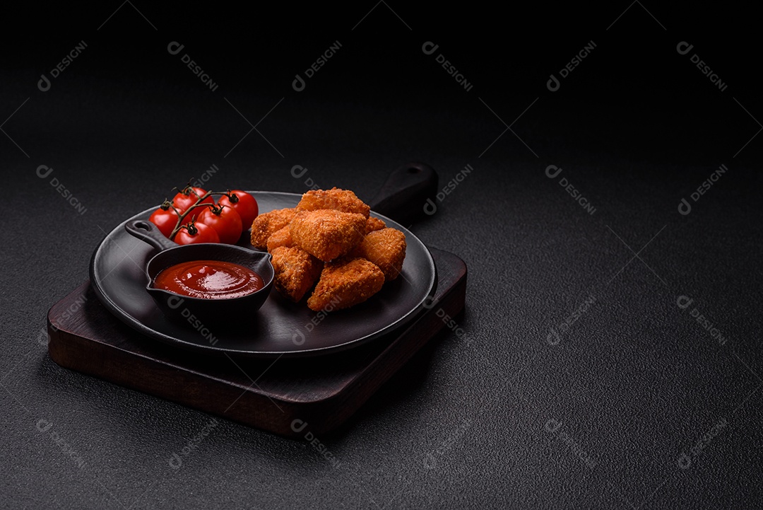 Imagem mostra nuggets de frango com molho e alguns grãos de pimenta rosa