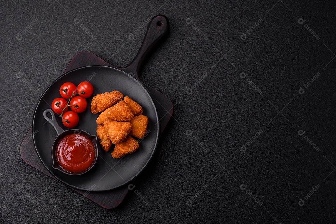 Imagem mostra nuggets de frango com molho e alguns grãos de pimenta rosa