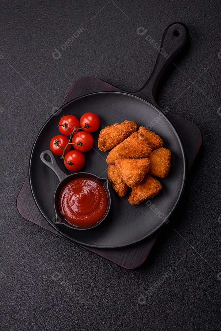 Imagem mostra nuggets de frango com molho e alguns grãos de pimenta rosa