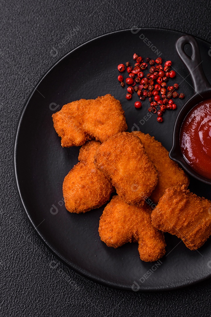 Imagem mostra nuggets de frango com molho e alguns grãos de pimenta rosa