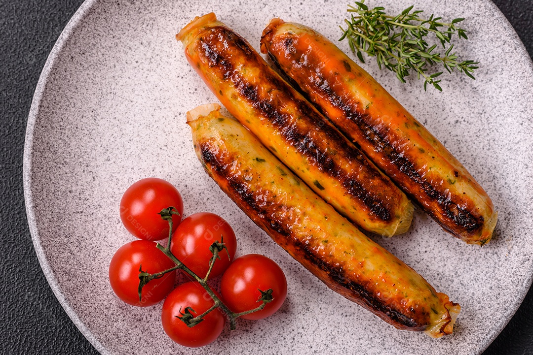 Imagem exibe salsichas grelhadas ou assadas