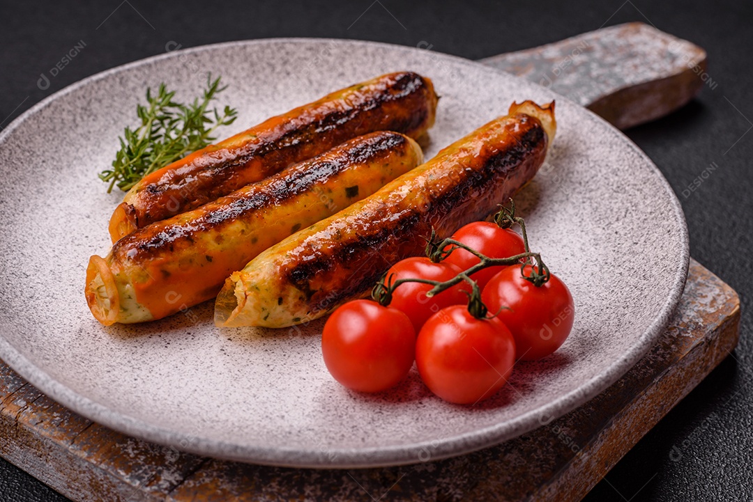 Imagem exibe salsichas grelhadas ou assadas