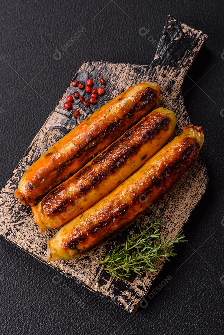 Imagem exibe salsichas grelhadas ou assadas