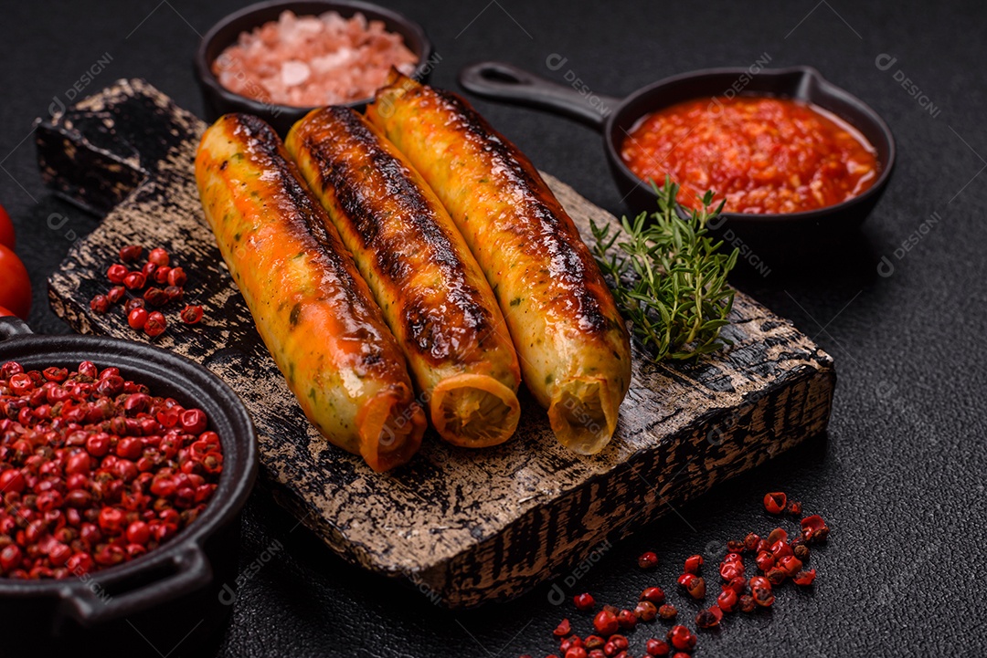 Imagem exibe salsichas grelhadas ou assadas