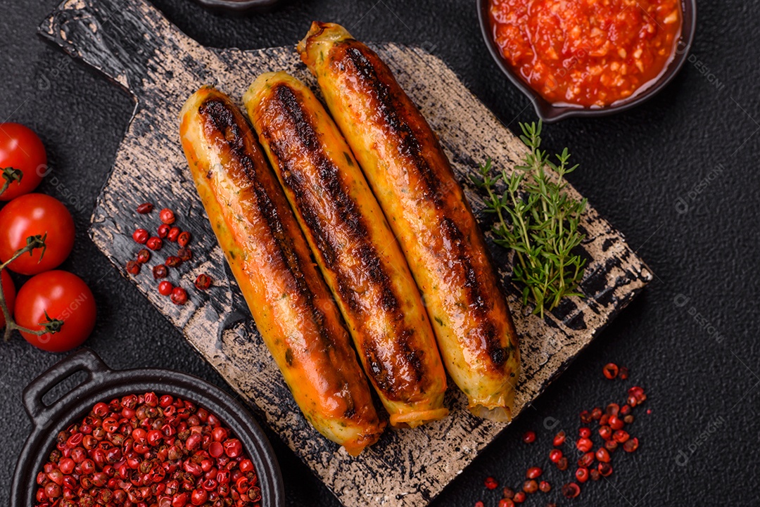 Imagem exibe salsichas grelhadas ou assadas
