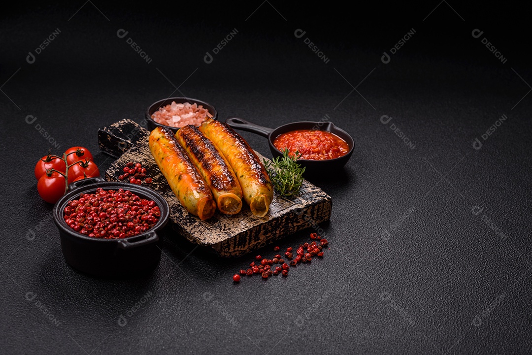 Imagem exibe salsichas grelhadas ou assadas