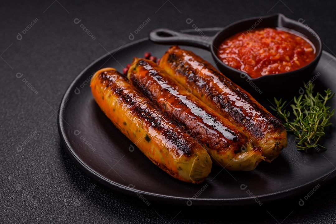 Imagem exibe salsichas grelhadas ou assadas