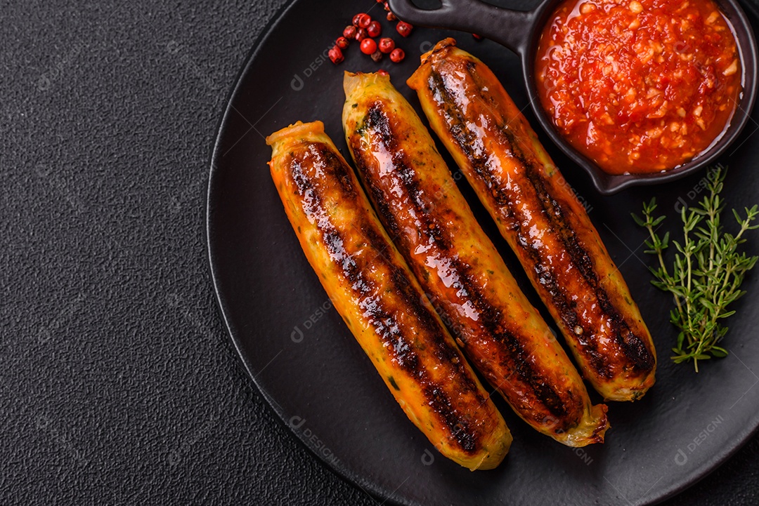 Imagem exibe salsichas grelhadas ou assadas