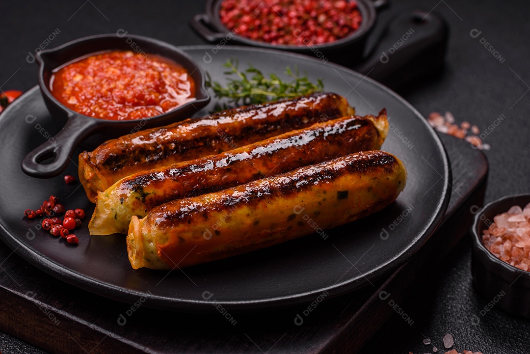 Imagem exibe salsichas grelhadas ou assadas