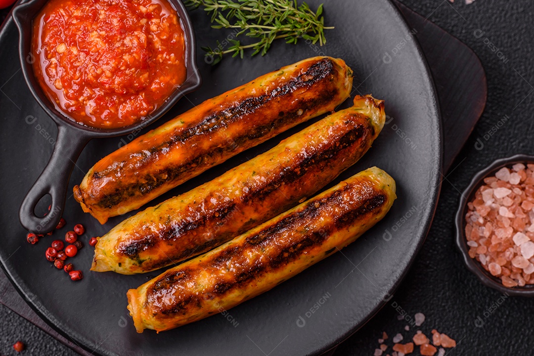Imagem exibe salsichas grelhadas ou assadas