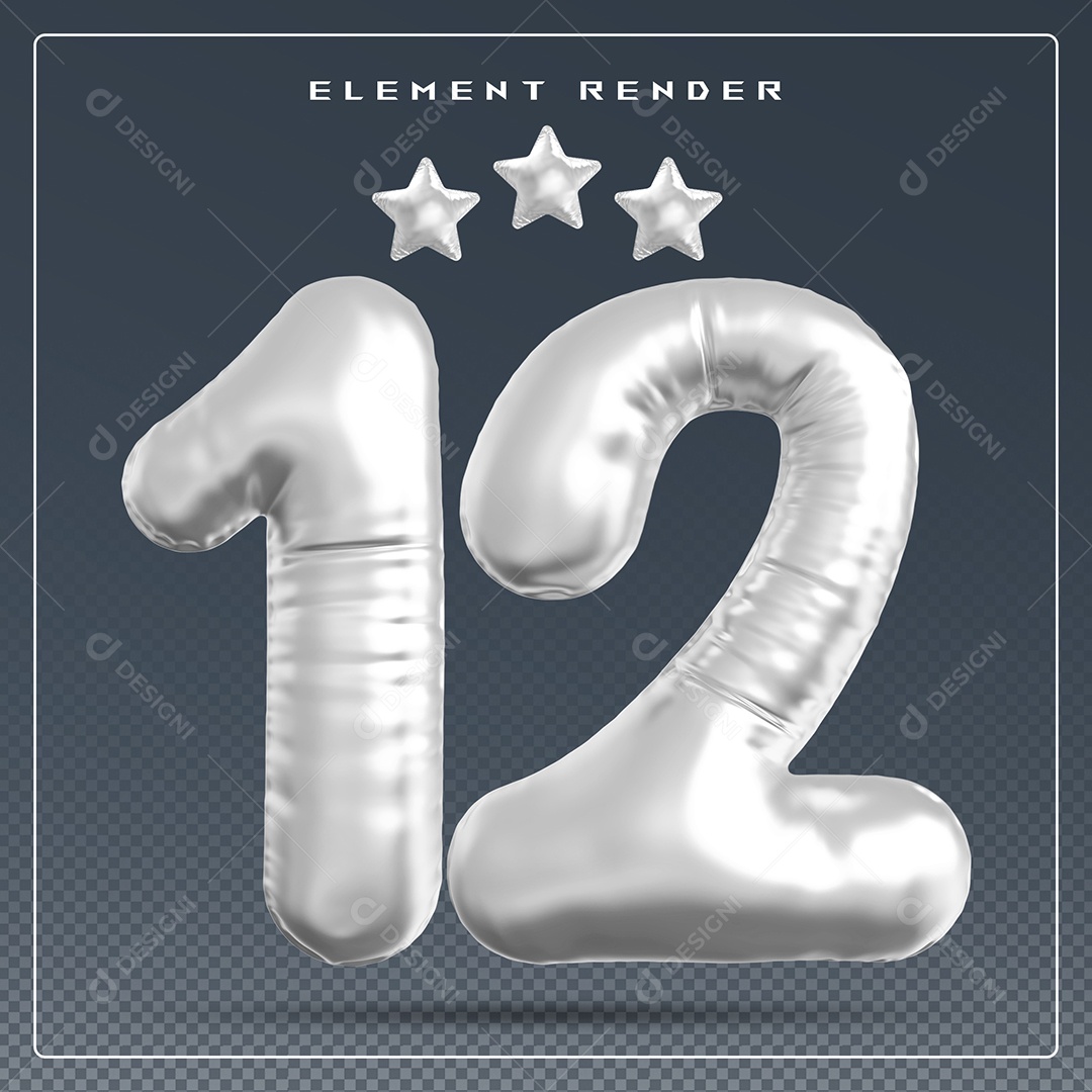 Elemento 3D Número 12 Cinza para Composição PSD