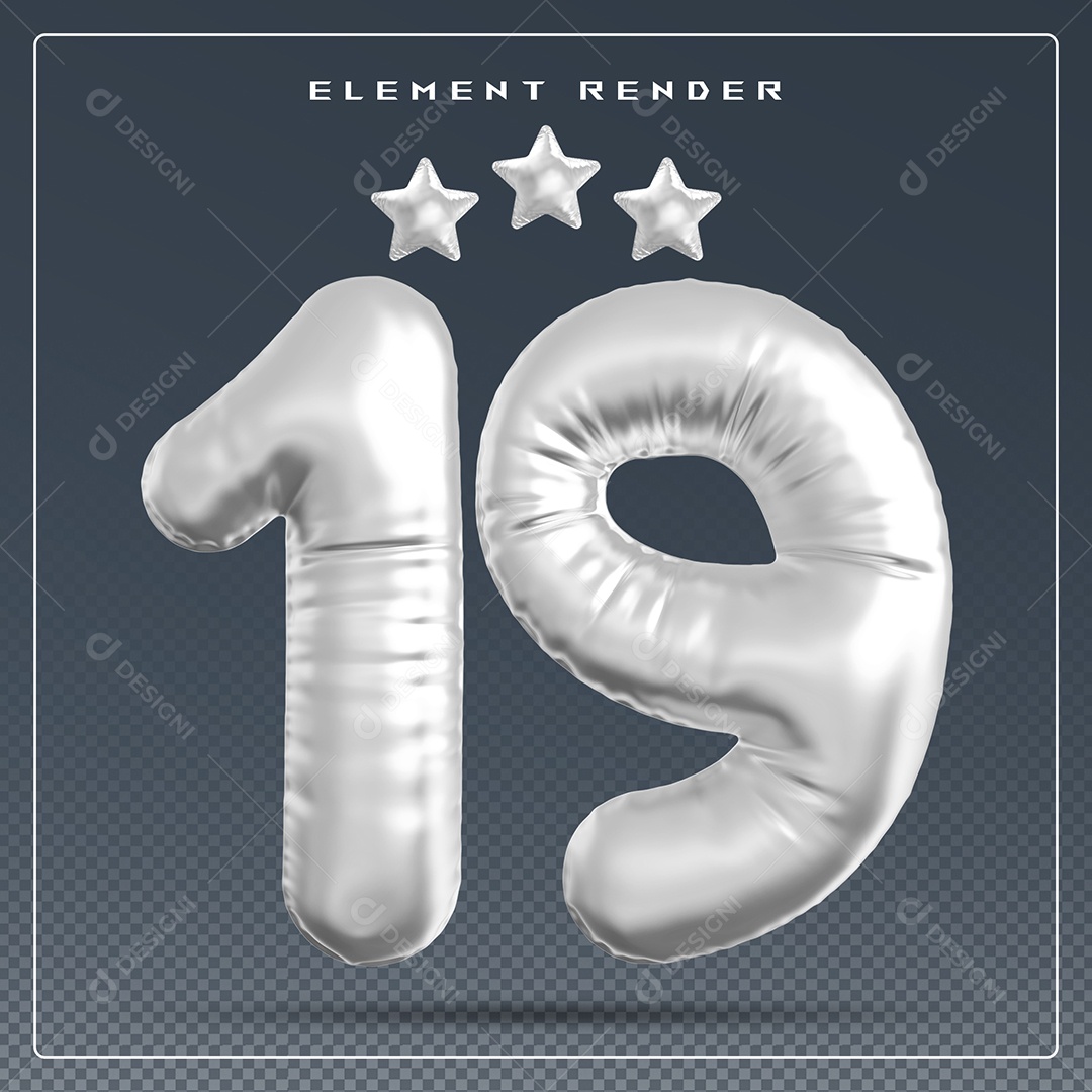 Elemento 3D Número 19 Cinza para Composição PSD