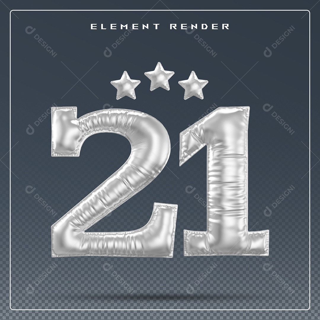 Elemento 3D Número 21 Cinza para Composição PSD