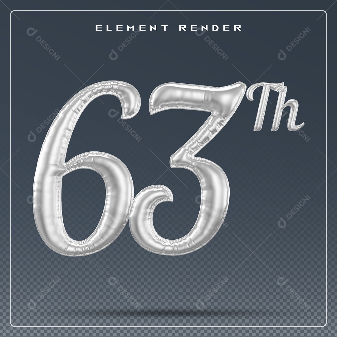 Elemento 3D Número 63 Th Cinza para Composição PSD