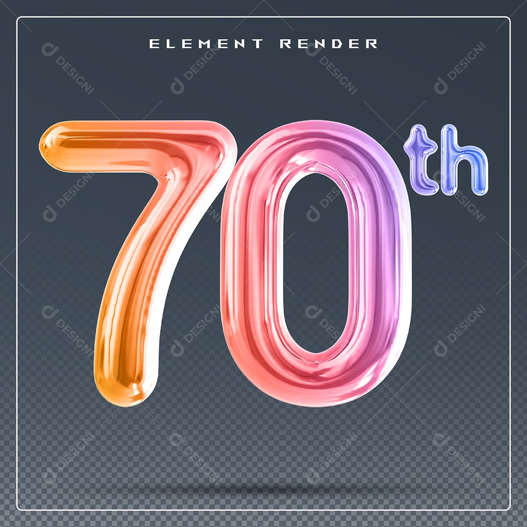 Elemento 3D Número 70 Th Colorido para Composição PSD
