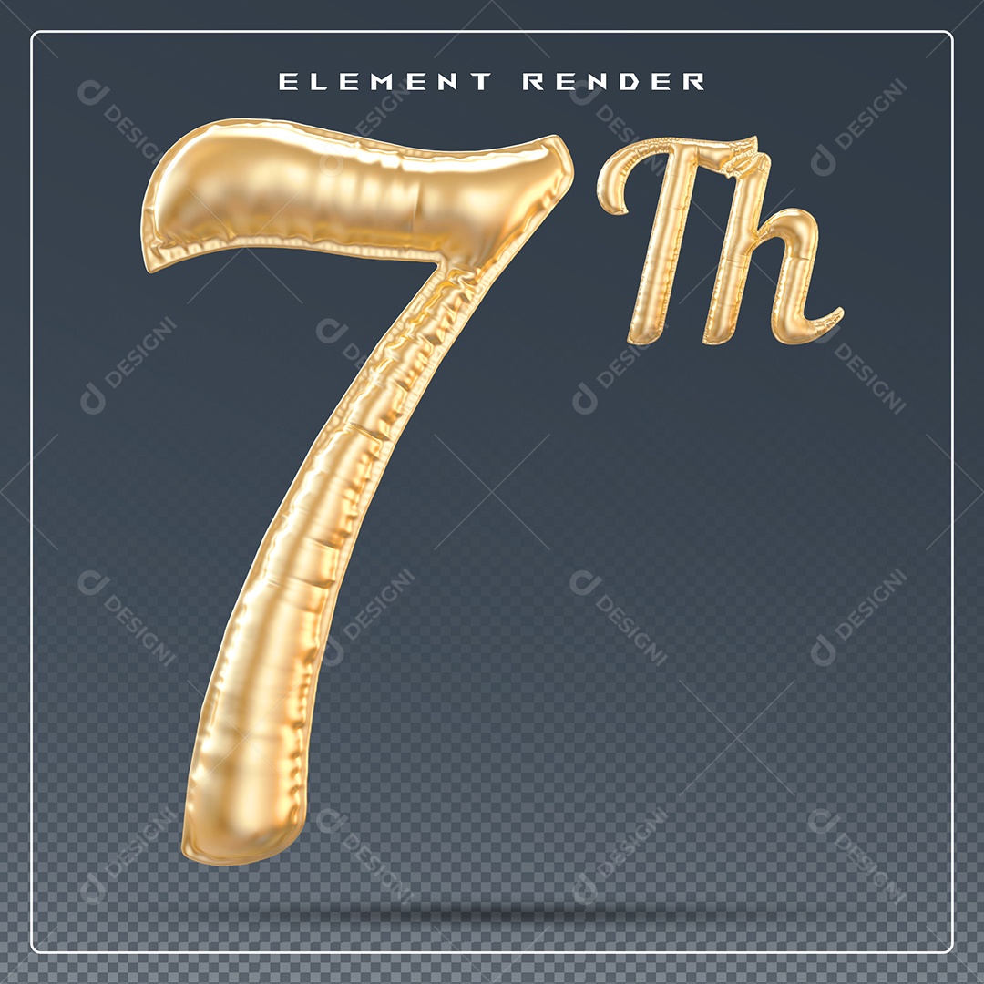 Elemento 3D Número 7 Th Dourado para Composição PSD