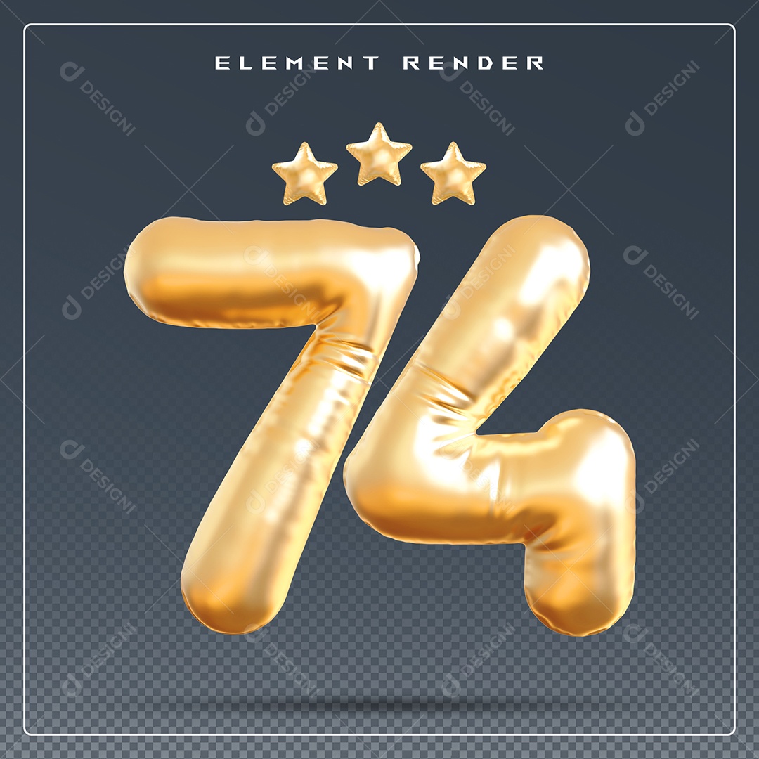 Elemento 3D Número 74 Dourado para Composição PSD