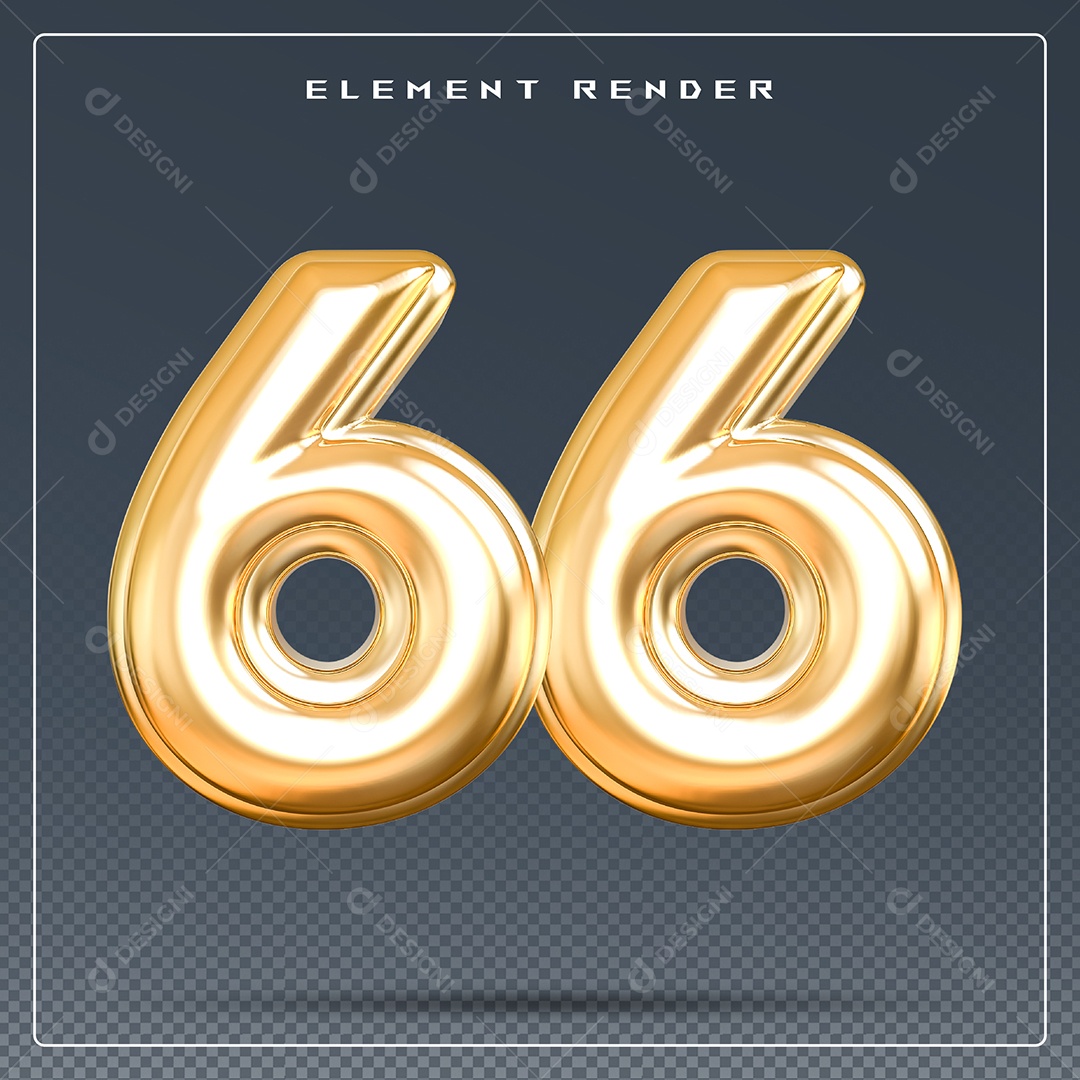 Elemento 3D Número 66 Dourado para Composição PSD