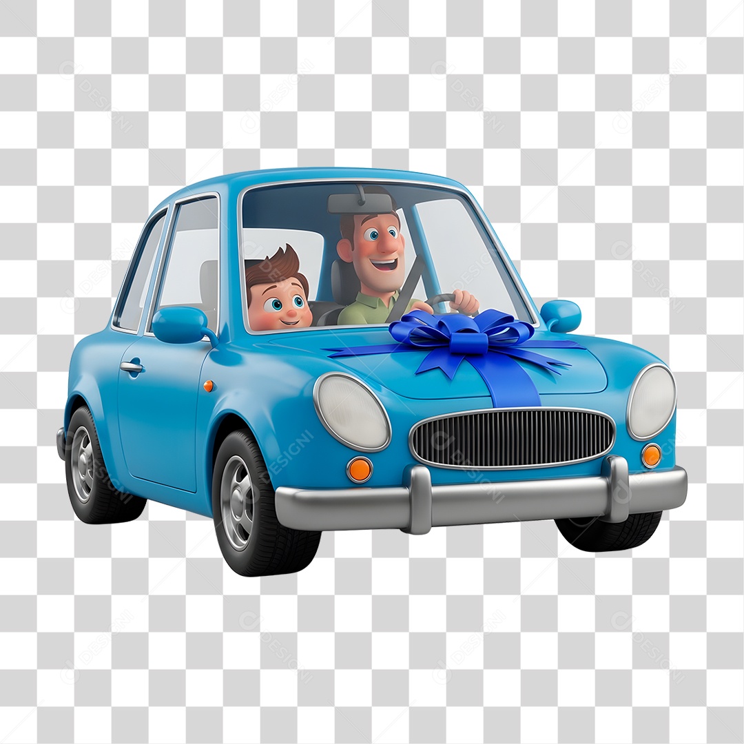 Personagem Pai e Filho em Carro Azul PNG Transparente