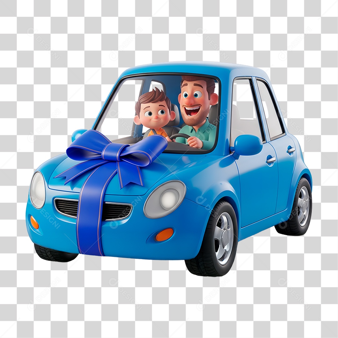 Personagem Pai e Filho em Carro Azul PNG Transparente