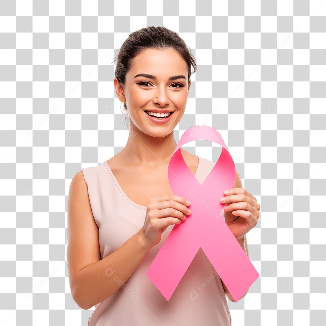 Mulher Segurando Fita Rosa Conscientização de Outubro Rosa PNG Transparente