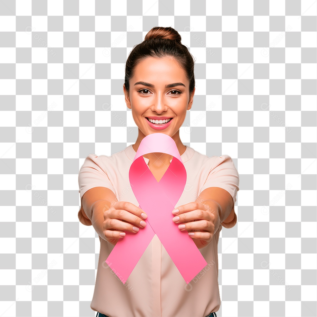 Mulher Segurando Fita Rosa Conscientização de Outubro Rosa PNG Transparente