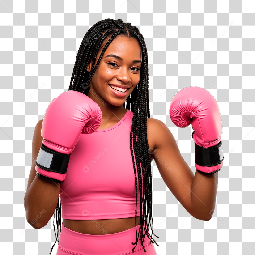 Mulher com Luva de Box Rosa Conscientização de Outubro Rosa PNG Transparente