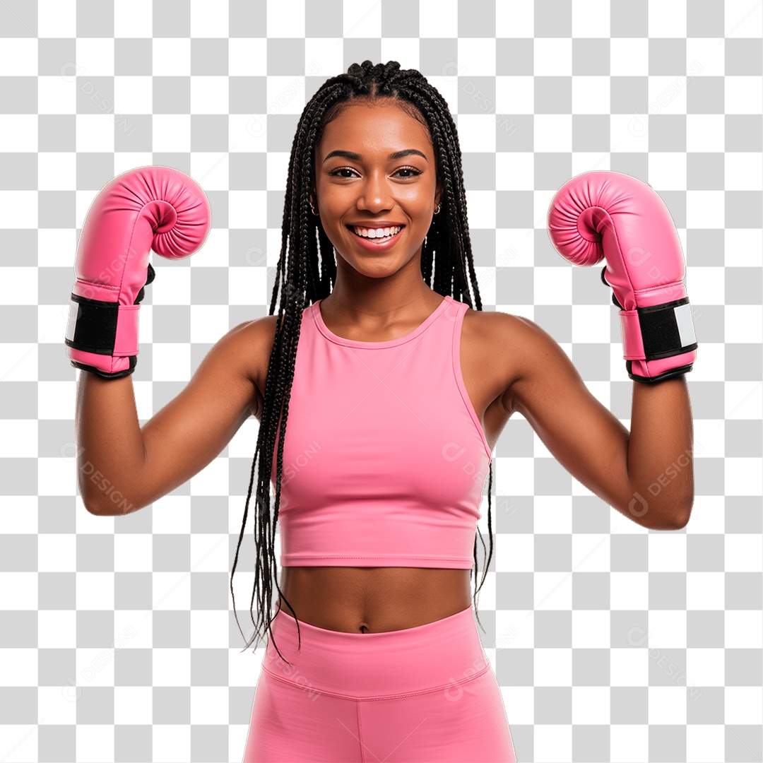 Mulher com Luva de Box Rosa Conscientização de Outubro Rosa PNG Transparente