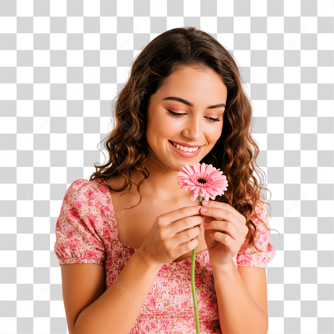 Mulher Segurando Flor Conscientização de Outubro Rosa PNG Transparente