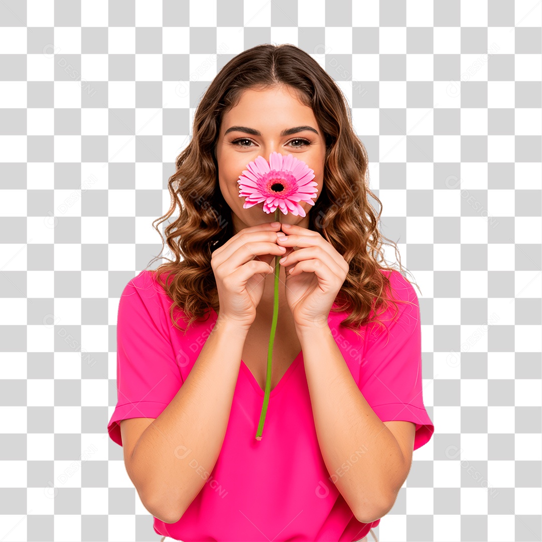 Mulher Segurando Flor Conscientização de Outubro Rosa PNG Transparente
