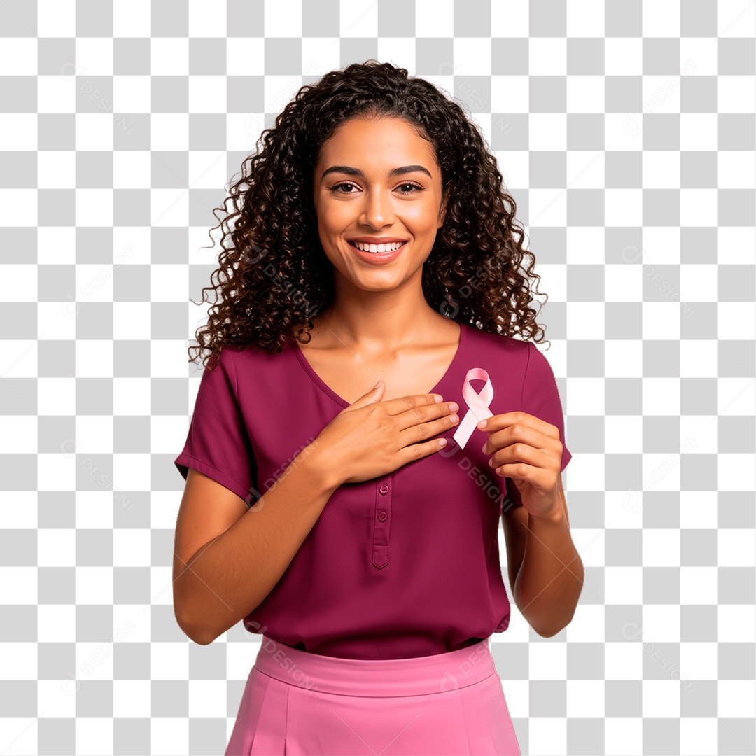 Mulher Segurando Fita Rosa Conscientização de Outubro Rosa PNG Transparente