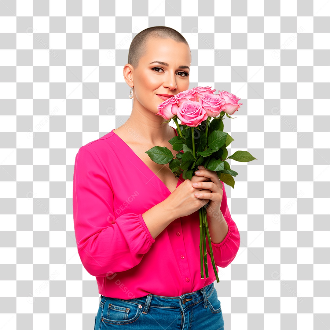 Mulher Segurando Rosas Conscientização de Outubro Rosa PNG Transparente