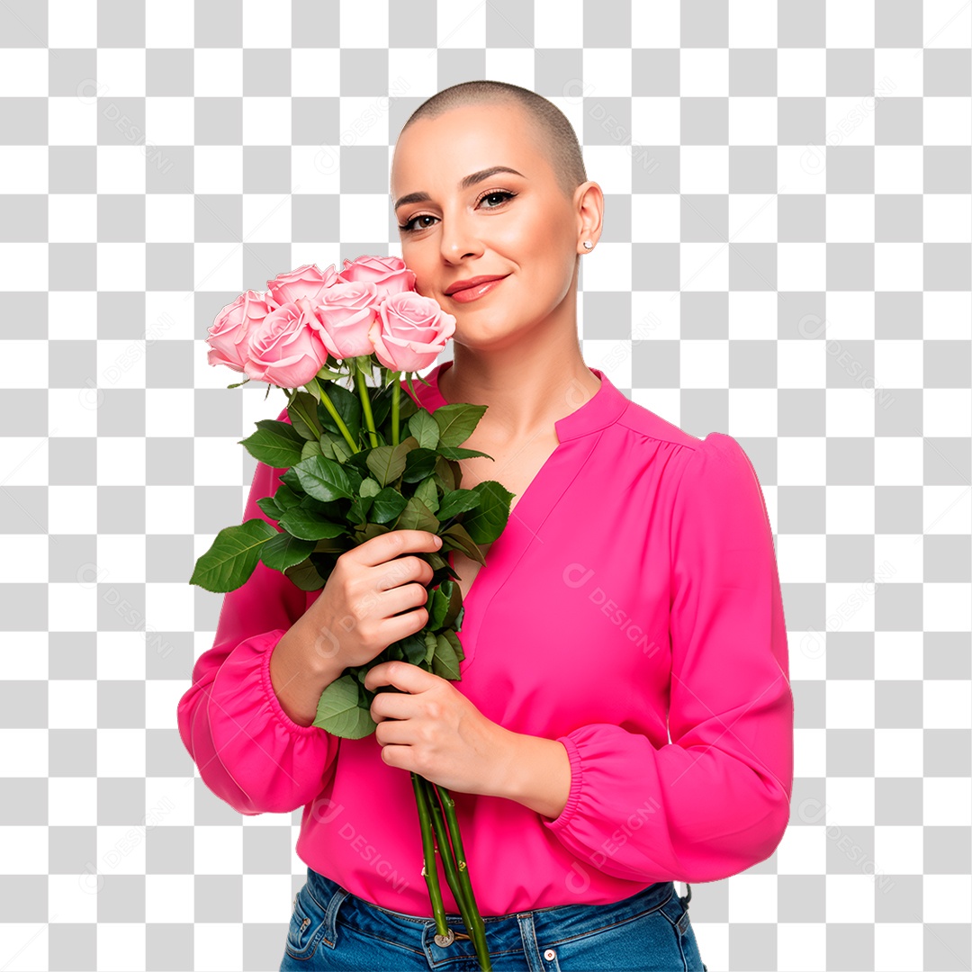 Mulher Segurando Rosas Conscientização de Outubro Rosa PNG Transparente