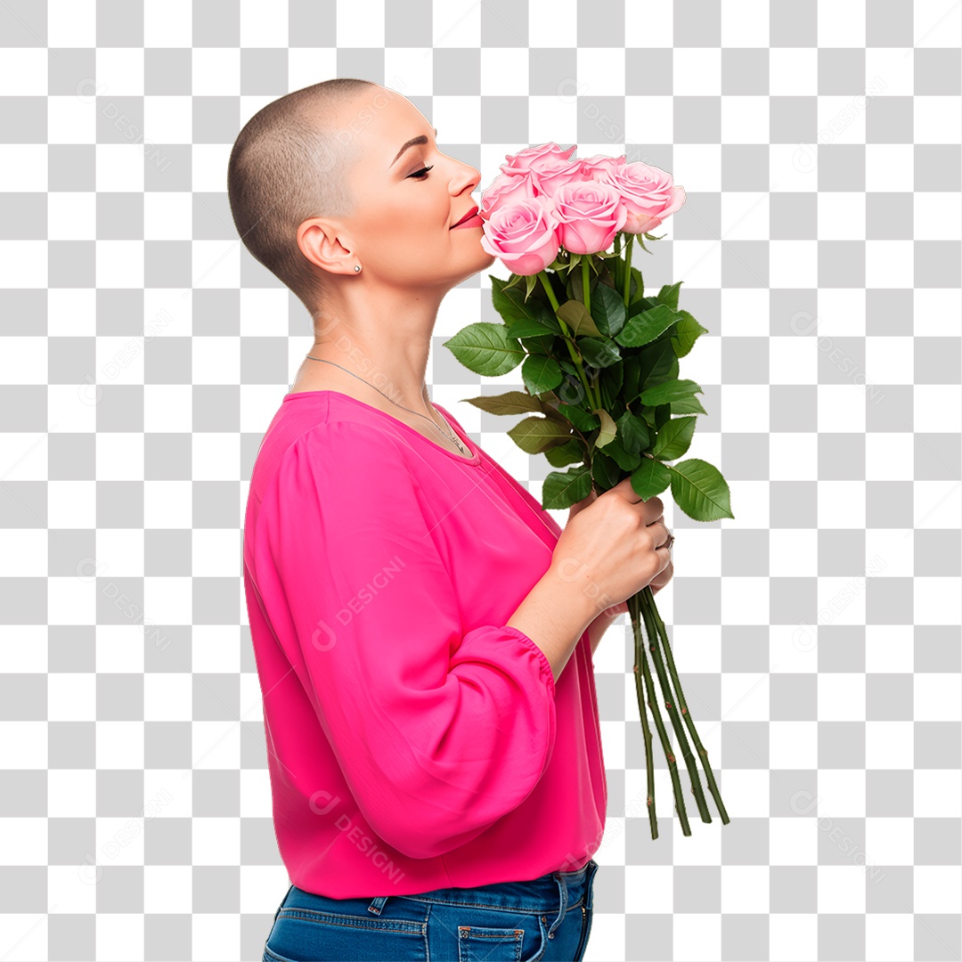 Mulher Segurando Rosas Conscientização de Outubro Rosa PNG Transparente