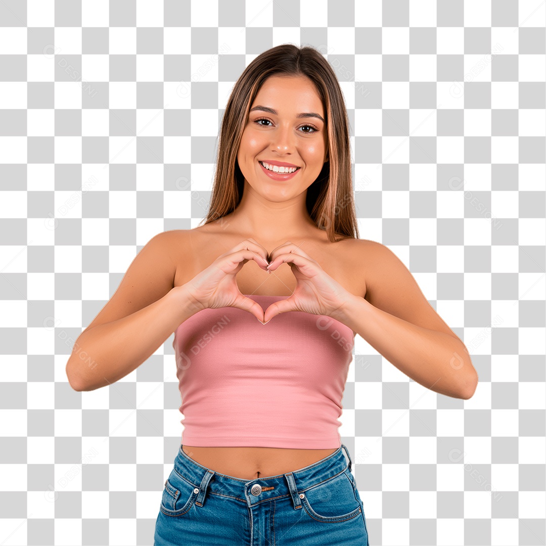 Mulher Fazendo Sinal de Coração Conscientização de Outubro Rosa PNG Transparente