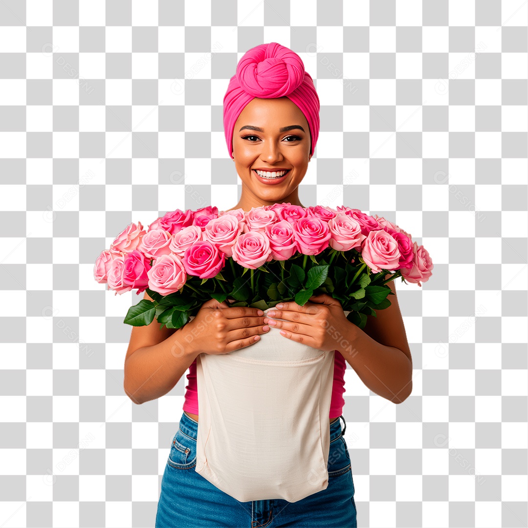 Mulher com Flores Rosas Conscientização de Outubro Rosa PNG Transparente