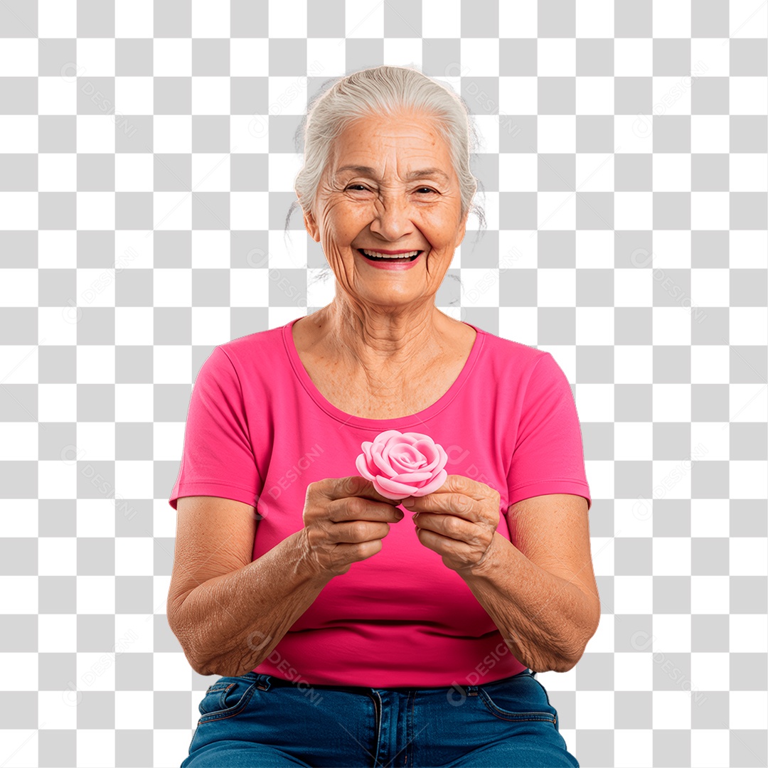 Mulher Idosa com Roupa Rosa Conscientização de Outubro Rosa PNG Transparente