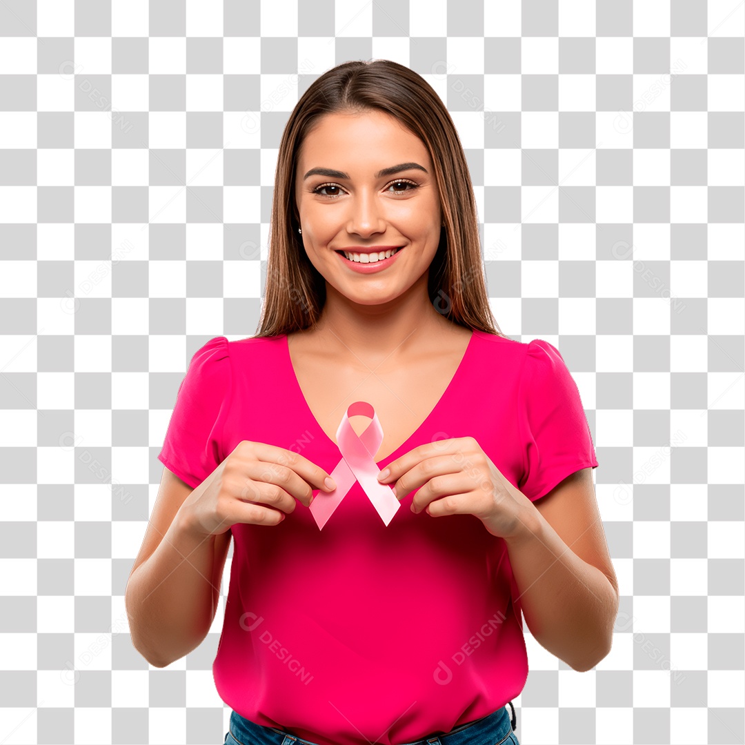 Mulher com Fita Rosa Conscientização de Outubro Rosa PNG Transparente