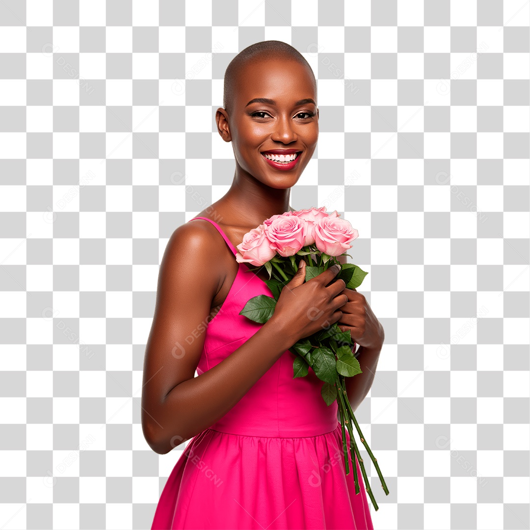 Mulher Segurando Rosas Conscientização de Outubro Rosa PNG Transparente